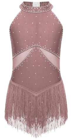 Agoky Mädchen Strass Leotard mit Fransen Mesh Patchwork Tanz Body Eiskunstlauf Kleider Latein Rock Dancewear Altrosa 122-128