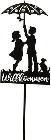 Gartenschild Gartenstecker Pärchen mit Hund Willkommen schwarz aus Metall Höhe 98cm Breite 18cm