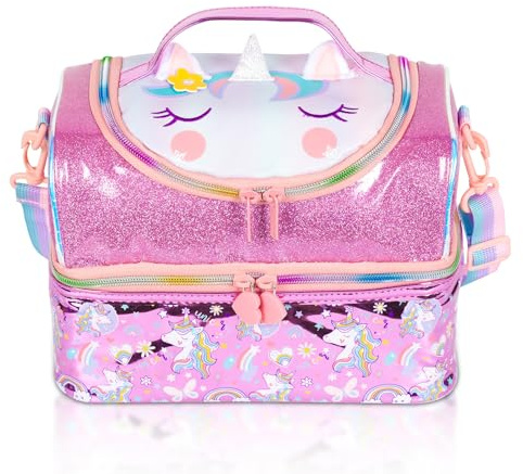 PinkSheep Bolsa de Almuerzo Térmica de Doble Piso para Niños Grande Tipo Tote para Niños, Niñas, Hombres, Mujeres, con Correa Ajustable, Unicornio (Unicorn4)