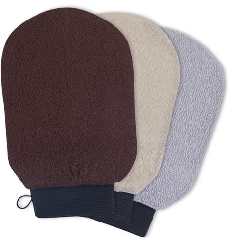 QUALIVEN Exfoliating Mitt Wash Gloves, 3 Pack, Body Scrub Gloves with 120D, 150D and 250D Roughness, Tanning Mitt Dead Skin Remover Glove, Deep Body Scrubber for Women and Men