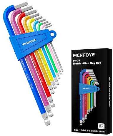 FICHFOYE 9PCS Metric Allen Key Set, Color Coded Hex Key, 1.5-10MM Anti-Slip Long Ball End Hex Wrench Set Ideal for Dismantling Machinery, Equipment, Vehicle, and Bicycle Maintenance
