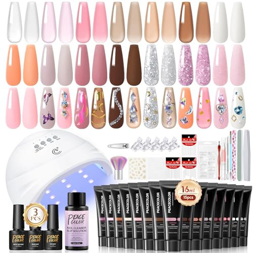 PEACECOLOR Poly Nail Gel Nägel Set mit UV Lampe, 15 Farben Poly Nagelgel Set 16ML und Slip Solution Base Top Matte Coat Acrylnägel für Quick Extension Selber Machen