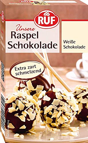 RUF Weiße Raspel-Schokolade, hauchdünn geraspelte weiße Schokolade, Schoko-Raspeln zartschmelzend für Kuchen, Torten, Muffins & Eis, glutenfrei (Packung mit 10)