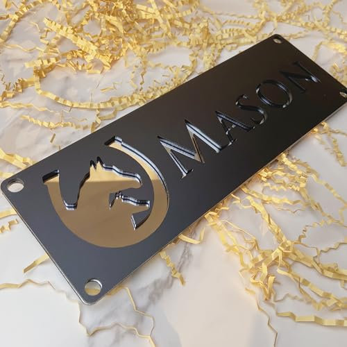 Placa personalizada de acrílico moderno para números de casa, diseño 3D en Negro y Plata con corte láser, señalización exterior con nombre de calle y número cívico para hogar o finca Pony (Modelo 6)