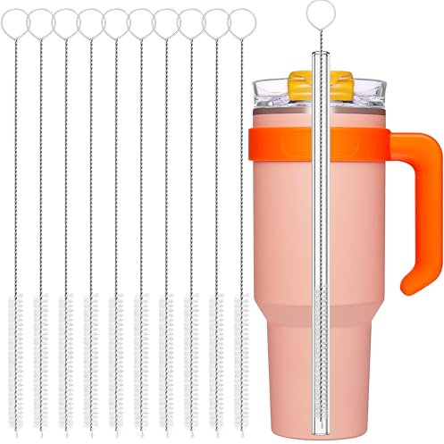 YUNGMAX Long Straw Cleaner Brush, 10 Pieces 30cm Stainless Steel & Nylon Pipe Cleaner for Cleaning Water Bottle, Reusable Straws & Cups