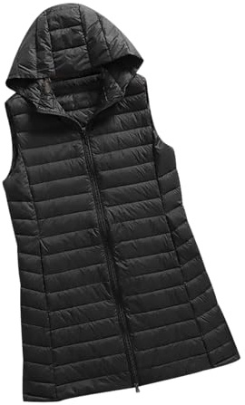 Chaleco Plumas Mujer Ligero Largo Chaleco Guateado de Mujer Chalecos Acolchados Chaleco Plumon Ultraligero Capucha Mujer Chaleco Plumifero Señora sin Mangas Chaleco Plumífero Plumiferos Mujer Negro XL
