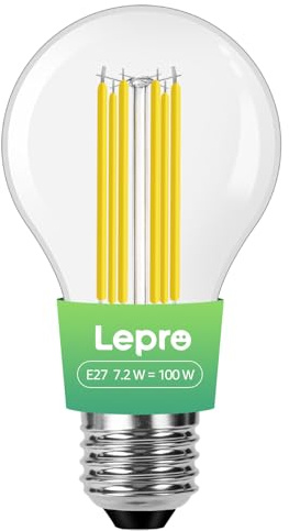 Lepro E27 Screw Bulb, A-Rated Ultra-efficient LED Bulb, 7.2W = 100W, 1521lm, 2700K Warm White, 50000H Lifespan, Clear Filament, Vintage Glass, Non-dimmable