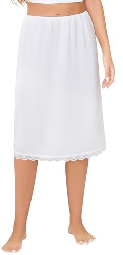 Vlazom Dam lång satin underkjol med delikat spetskant elastisk midja kjol bakgrund, Vitt och blått, XL