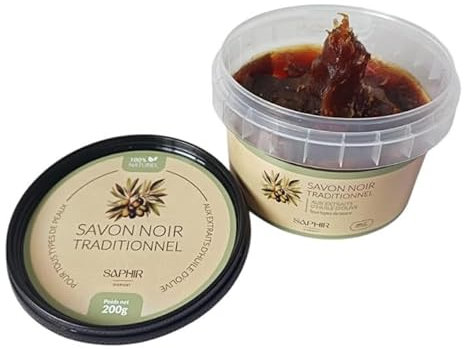 Saphir d'Orient, Savon Noir Traditionnel aux Extraits d'Huile d'Olive, 100% Naturel, nettoyant et exfoliant, Boîte Luxueuse, 200 gr