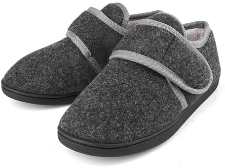TIESTRA Warm Hausschuhe Herren Beflockung Diabetiker Hausschuhe Breiter Fuß Filzpantoffeln Mit Memory Foam Sohle,Filz Herrenhausschuhe Mit Klettverschluss,Schwarz Größe 44
