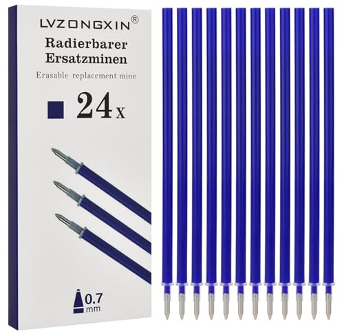 LVZONGXIN 24er Radierbare Ersatzminen, Kompatibel Mit Legami, [ BLAU ]- Spitze 0,7mm,Höhe 13 cm, Radierbare Tintenrolle, Nachfüllminen mit löschbare Tinte