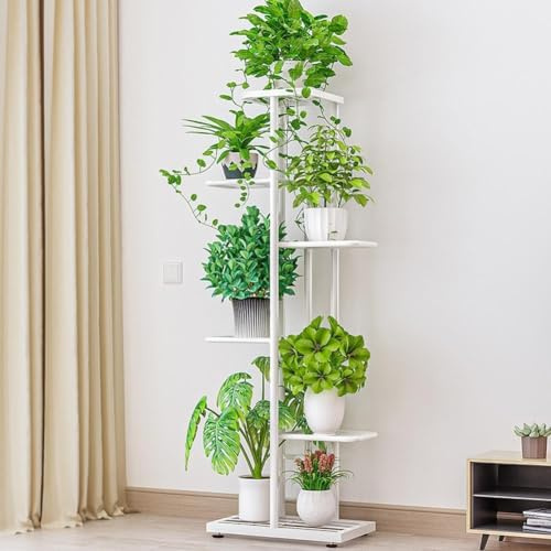 OPULENTHOME Blumentreppen，Pflanzenständer Indoor Outdoor, Metall Blumenregal 6 Etagen 7 Töpfe, Pflanzenregal Ecke Display Rack für Patio Garten Balkon,41x22x108cm, Weiß