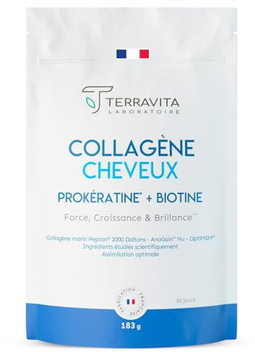 COLLAGÈNE Cheveux | Biotine + Collagène Marin Peptan Type 1 + MSM + Silicium | Efficacité Prouvée sur Pousse, Fortification et Action Anti-Chute | 30 Jours de Cure | Poudre Neutre | Terravita