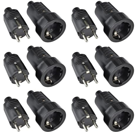 GOEDCH Schuko Stecker Kupplung 250V: 6 Paare IP44 Schutzkontakt Stecker mit Knickschutz, 16A 250V 2-polig Reisestecker Adapter, Schutzkontaktkupplung für Außenbereich Schwarz (36×36×77mm)