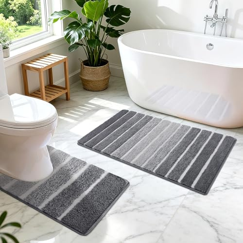 SHACOS Non-Slip Bath Mats, Sets 2 Piece Absorbent Washable Extra Soft Microfiber Bathroom Rug for Shower Floor, 45x65 + 50x60 cm, Grey