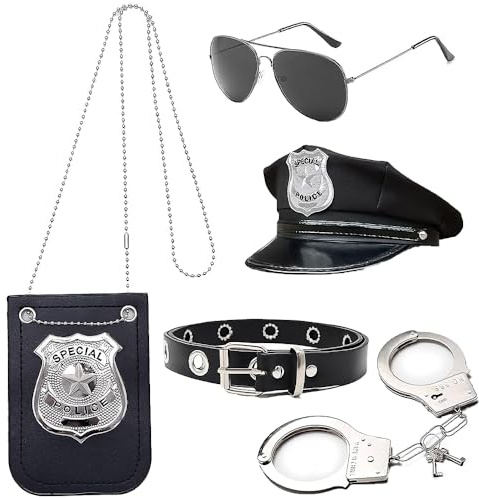 Lotvic Lot de 5 accessoires de costume de police pour femme avec chapeaux, badges, lunettes, menottes, ceinture, costume de police pour homme et femme, cosplay, carnaval, Halloween, fête