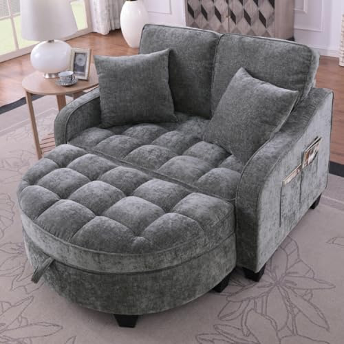 HMHKHN Sofa mit Schlaffunktion, Sofa Klein, Chaiselongue, 2-in-1 Schlafsofa, Aufbewahrungs-Hocker & 4 Kisse, für Kleine Wohnzimmer, Studienzimmer, Schlafzimmer, 132×129×93cm (Dunkelgrau)