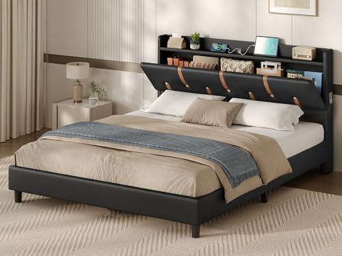 KIMENICH Lit 160x200 avec Sommier à Lattes en Bois, Lits 2 Personnes avec Multiprise, Tête de Lits Capitonnée avec Compartiment Caché et Étagère Ouverte, Cadre de Lit 160x200 Rembourré, PU Noir