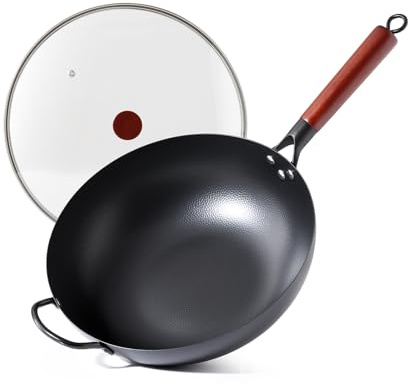 Kordisen 32cm Carbon Steel Wok with Lid, Flat Bottom Stir Fry Pan for Asian Cooking, Naturally Nonstick Wok for Induction, Gas, Electric & Hobs, Large Capacity for 3–6 People