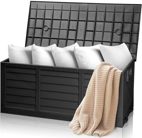 Bonnlo Gartenbox 284L, Klappbare Auflagenbox mit 2 Rädern, Gartenbox Wasserdicht, UV-beständig&schmutzabweisend,für Garten, Pool, Balkon und Hof,Schwarz,112,7 * 53,3 * 50,2cm