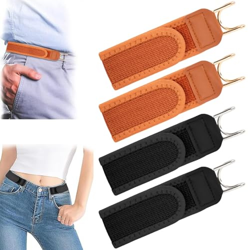 4 Pieces No Buckle Belts for Men Womens, Elastic Buckless Belt for Men Women with Metal Hook and Velcro, Adjustable Invisible Mens Belt for Jeans Work Casual Business Travel Commuting Outdoor Hiking