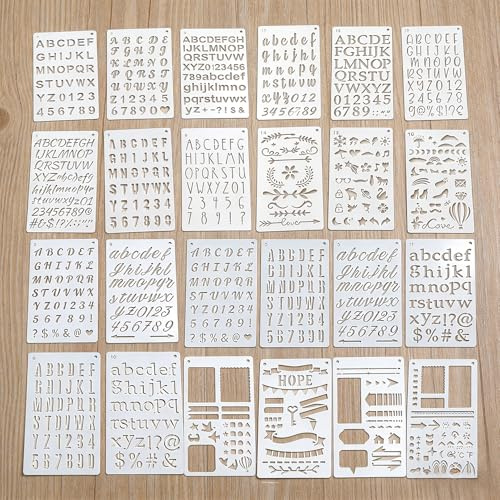24 Stück Buchstaben Schablone,Schablonen Buchstaben Zahlen Art Blätter Bemalen,Groß Klein Buchstabe Number Stencils Set,Numbers Malen Buchstabenschablonen für Journal Stempel Airbrush Textilgestaltung
