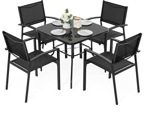 Avestar 5-teiliges Gartenmöbel Set, Garten-Essset für 4 Personen, 4 stapelbaren Terrassenstühlen und 1 quadratischem Esstisch mit Sonnenschirmloch, Tischplatte aus gehärtetem Glas, schwarz