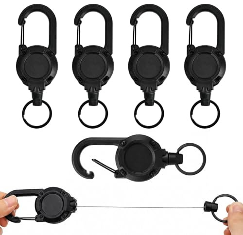 OMJMYY 6 Pièces Porte-clés Retractable Porte Badge Enrouleur avec 64cm Cordon Retractable en Acier Porte Clef Extensible avec Mousqueton pour Pantalons et Ceintures Clés Identité Accès(Noir)