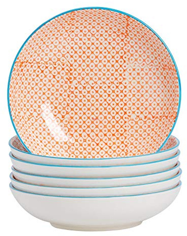 Nicola Spring Patterned Pasta Bowls - Blue - Pack of 6 - Porcelain Flower Print Design Rice Serving Bowls for Cereal, Fruit, Dessert, Salad, Noodles, Snacks