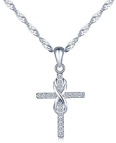 Collana da donna con ciondolo a forma di croce con simbolo dell'infinito, in argento Sterling 925 intarsiato con zirconi, regalo di Natale o di compleanno e Argento