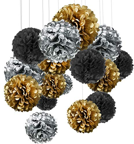 15er Set Pompoms Deko Bunt Seidenpapier Pompons für Hochzeit, Geburtstag, Party Gold Schwarz Silber(3pcs*30.5cm/6pcs*25cm/6pcs*15.5cm) …