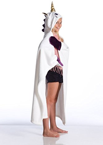 Kanguru - Coperta pile Unicorno in soffice microfibra, mantella felpa con maniche, zampe e cappuccio a forma di animale, arcobaleno, Bianco, 100x130 cm, per bambini e ragazzi idea regalo natale