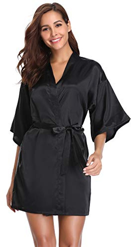 Vlazom Womens Kimono Robes Dressing Gown Satin Bathrobe Nightdress Short Style Bridal Robe with Oblique V-Neck Black，L