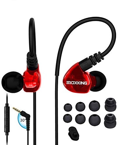 MOXKING Écouteurs filaires pour Les Sports de Course, écouteurs étanches avec Isolation Acoustique stéréo, écouteurs Basses avec Microphone et télécommande pour Le Jogging (Rouge)