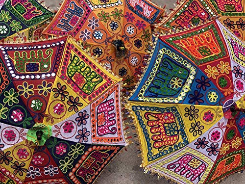 GANESHAM Indian Designer Cotton Fashion Multi Colored Umbrella UV Protection Sun Umbrella Hippie Boho Parasol Indian Wedding Decorative Umbrellas Handmade Outdoor Ratio (10 pc)