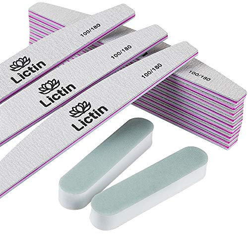 Lictin 12pcs Limas de Uñas EVA Profesionales 100/180- Limas para Uñas de Doble Cara con 2 Tiras de Pulido, Resistentes al Desgaste y Lavables, Adecuadas para Uso en Hogar y El Salón