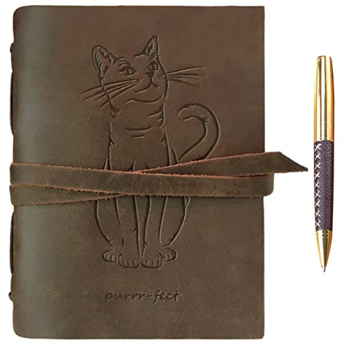 Journal de Voyage En Cuir Avec Motif Chat En Relief, Fait À La Main, Format A5, Pour Homme Et Femme, 15,2 X 20,3 Cm, Motif Chat En Cuir Véritable Avec Papier Uni Pour Notes, Carnet De Croquis + Stylo