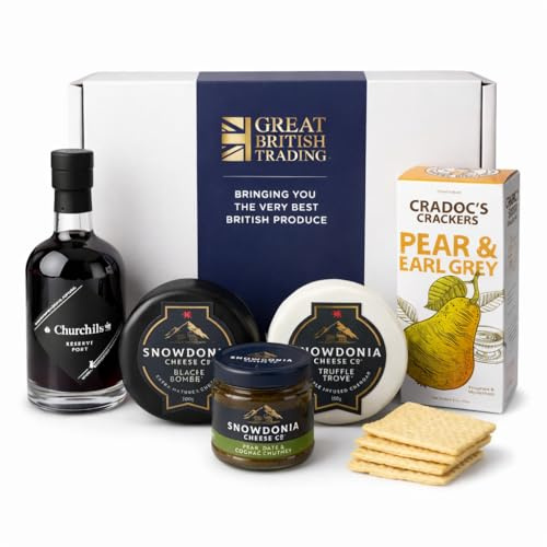 Luxury Cheese and Port Hamper - CAN BE GIFT MESSAGED - with 2x Snowdonia Cheese Truckles & Chutney, Churchills Port & Cradocs Pear Crackers - From Great British Trading