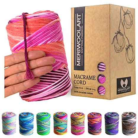 MeriWoolArt® Makramee Garn - Makramee Garn 3mm farbig 200m - Super weiches Garn, einfach gedrehte Makramee Schnur - Öko-Tex 100% recyceltes Baumwollgarn farbig - DIY Boho Deko Makramee