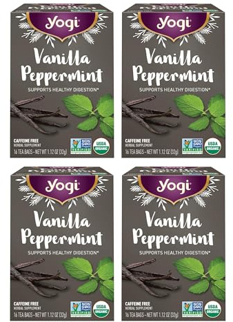 Yogi Tea Vanilla Peppermint - 16 Bags per Pack (4 Packs) - Herbal Peppermint Vanilla to Support Healthy Digestion - Limited Edition Holiday Digestive Tea with Peppermint, Ginger & More