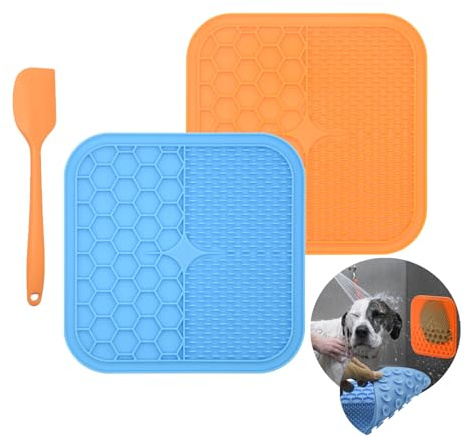 8.2in Large Dog Lick Pad, Pet Treat Mat with Suction Cup, Licky Pad for Puppy, Peanut Butter for Food-Anti-slip, Easy Grooming Shower Dental Health, Food Grade Silicone (2*Mat + Spatula)