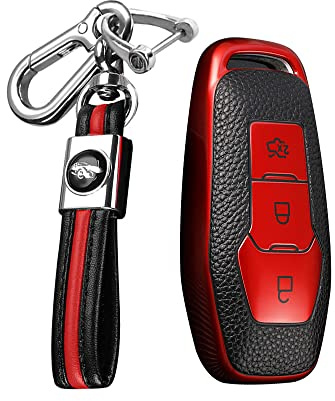 KUNIO Autoschlüssel Hülle Schlüsselbund Passt für Ford Escort Focus 3 4 ST Mondeo 5 MK5 Mustang F-150 Explorer TPU Leder-Textur Schlüsselanhänger Schutzhülle Schlüsselcase 3 Tasten Rot