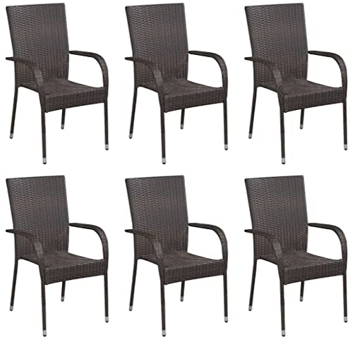 Makastle 6er Set Stapelstuhl Gartenstuhl Stapelbar Garten Terrasse Hochlehner Gartensessel Terrassenstuhl Stapelsessel Gartenmöbel 55,5 x 53,5 x 95 cm Poly Rattan Braun