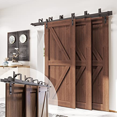 Homacer Black Rustic Triple Track Bypass Sliding Barn Door Hardware Kit (for Door Thickness 1-3/8in ~ 1-3/4in), Three 9ft Long Flat Tracks, for Three Interior Doors (Doors not Included）