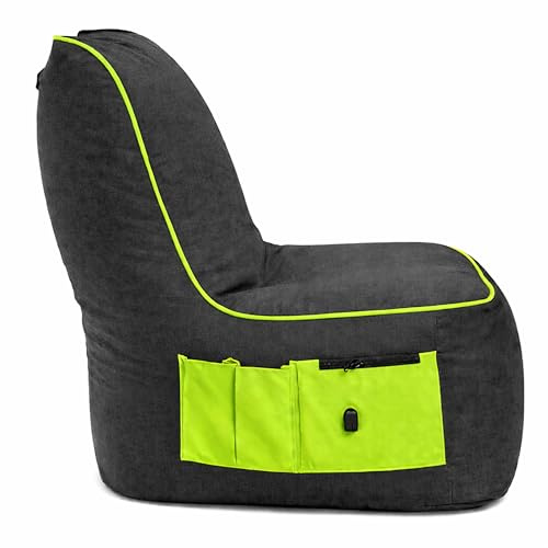 BuBiBag Gaming Sitzsack zum Zocken mit Anschluss zum Laden & Taschen, Halterung, Game Sessel für Kinder und Erwachsene, Beanbag Indoor und Outdoor - Dreambag (Schwarz-Neongrün)