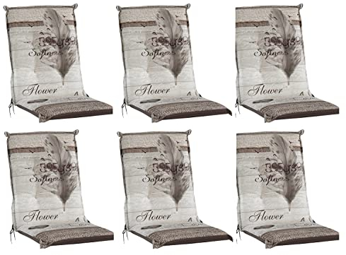 Home4You Gartenstuhlauflagen Mittellehner 6er Set - 110 x 50 cm - Beige - Federmotiv - Baumwolle - Sesselauflage Sitzpolster Stuhlauflage