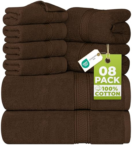 Utopia Towels 8-Piece Premium Towel Set, 2 Bath Towels, 2 Hand Towels, and 4 Wash Cloths, 600 GSM 100% Ring Spun Cotton Highly Absorbent Towels for Bathroom, Gym, Hotel, and Spa (Brown)