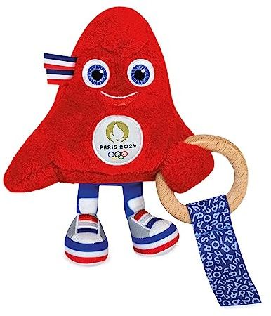 Doudou et Compagnie Kuscheltier Rassel mit Ring aus Holz für Baby – Kuscheltier Maskottchen offizielles Maskottchen der Olympischen und Paralympischen Spiele 2024 – Plüschtier Phryge rot – 14 cm – ab