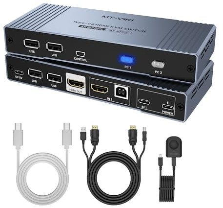MT-VIKI Hybrid USB C HDMI KVM Switch 2 Port 4K60Hz Share Tastatur Maus Drucker Kompatibel für Macbook & PC mit 65W Stromversorgungskabel