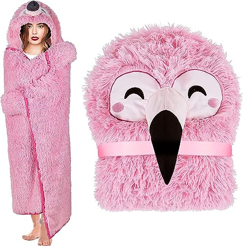 Lanqinglv Flauschige Kuscheldecke Plüsch Flanell Fleecedecke Warme Wohndecke mit Tragbarkeit, Kapuze und Handschuhen - Rosa Flamingos Tiermuster Decke